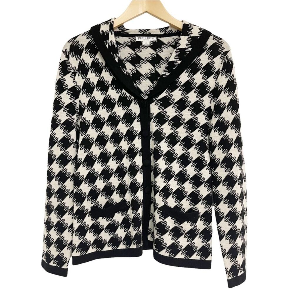 PENDLETON Petite 100% Merino Wool Cardigan Buttons Pockets Houndstooth Medium